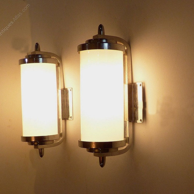 Salvage Row Restored Art Deco Chrome and Stepped Glass Wall Light Pair