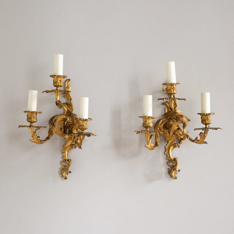 Salvage Row Restored French Bronze Rococo Wall Light Pair