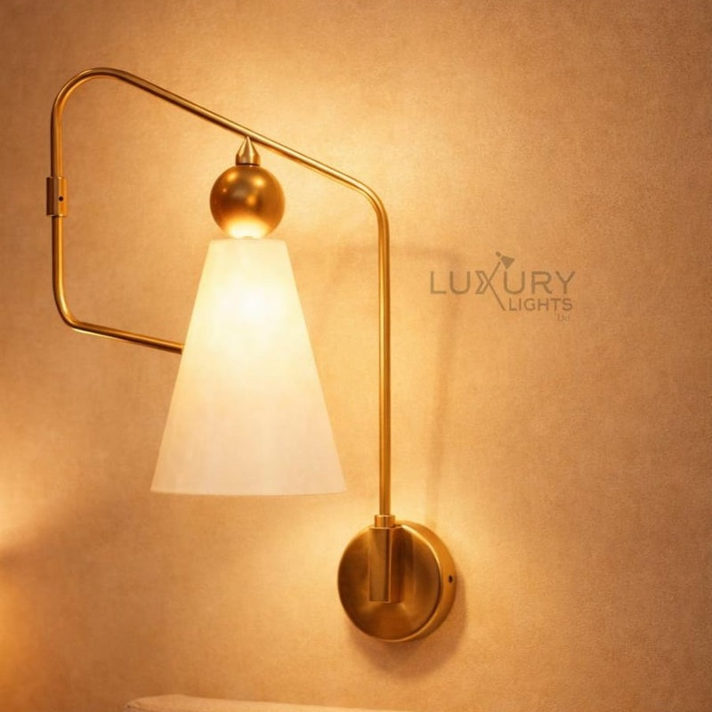 Vellum Stone Fenwick Alabaster Bowl Uplighter on a Brass Arm Wall Light Pair