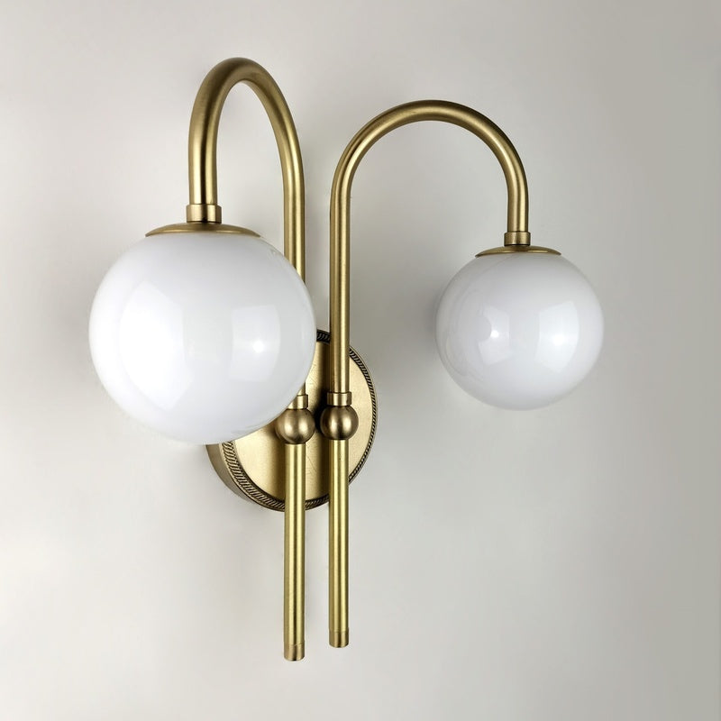 Vetro Bianco Palladio Hand Blown Glass Opal Globe on Brass Wall Light Pair
