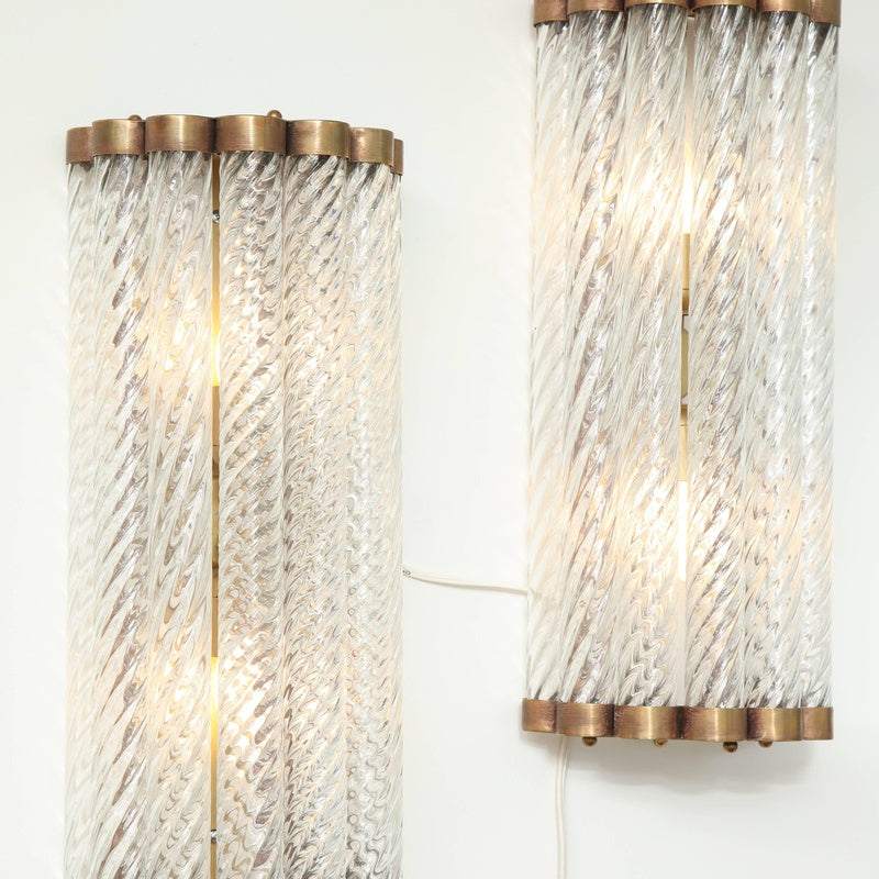 Vetro Bianco Sansovino Hand Blown Glass Twisted Glass Column Wall Light Pair