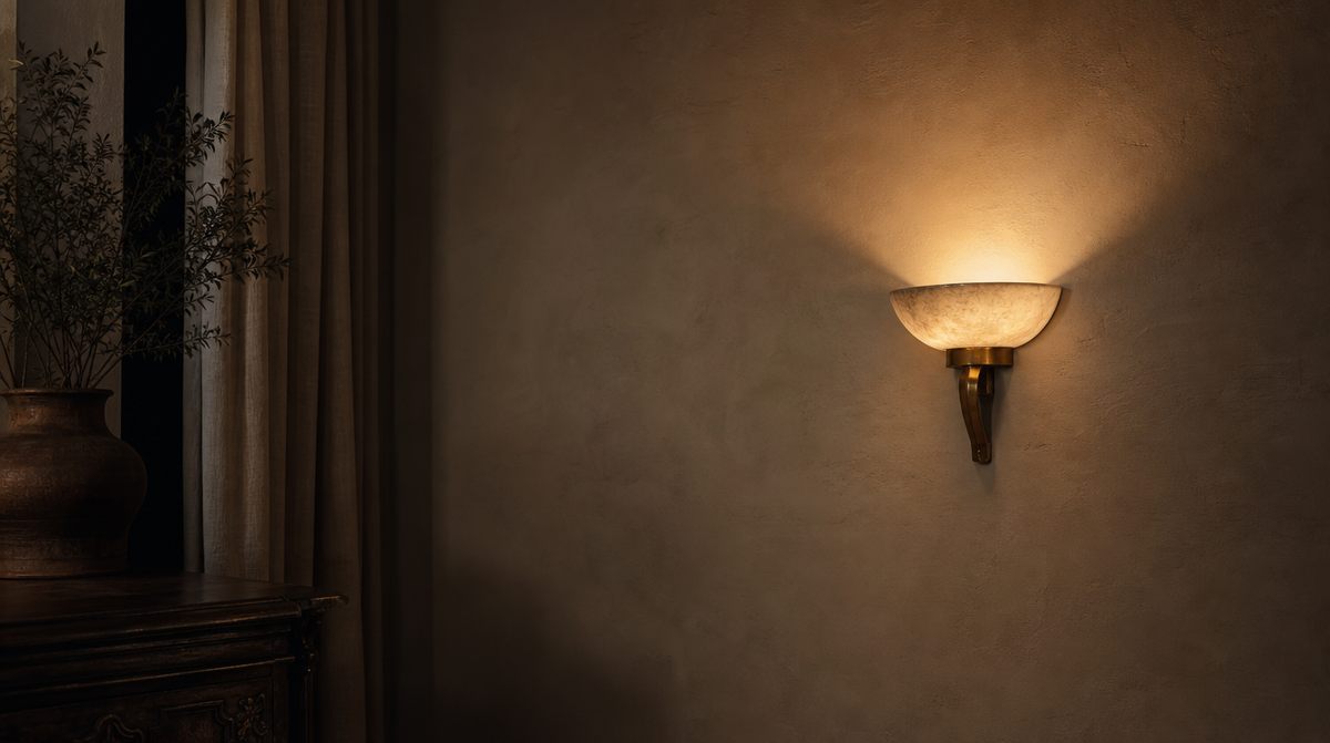 An unlacquered brass and alabaster wall light glowing against a limewashed plaster wall