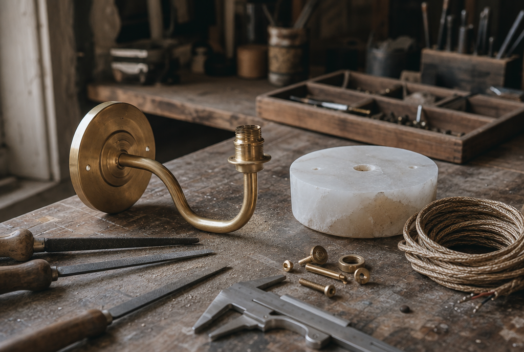 A craftsman's bench in the atelier with a part assembled brass sconce and raw alabaster