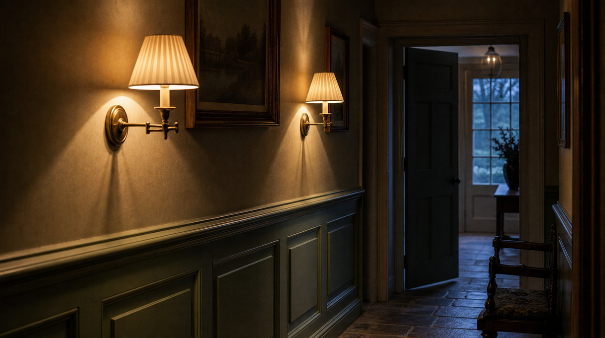 A pair of solid brass swing arm wall lights lighting a panelled hallway at dusk